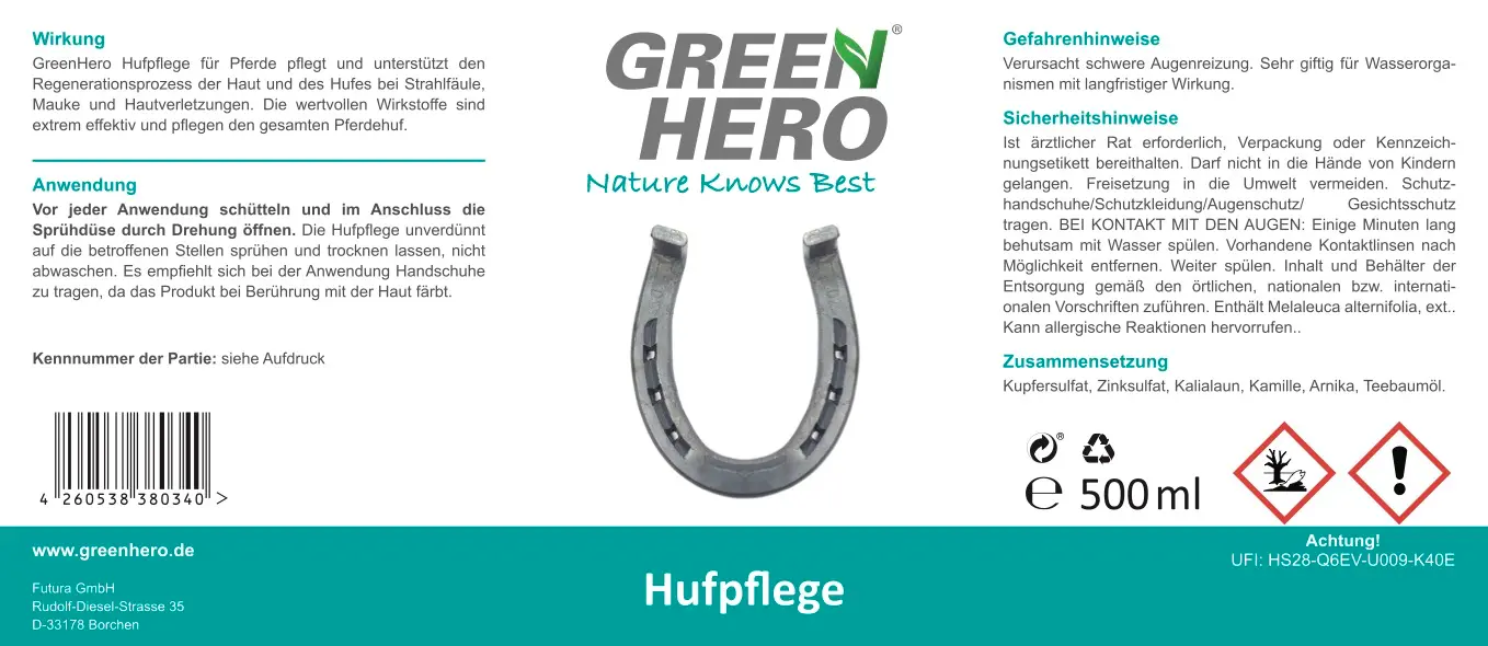 greenhero_Etikett_Hufpflege_RZ Hufpflege für Pferde pflegt bei Strahlfäule und Mauke