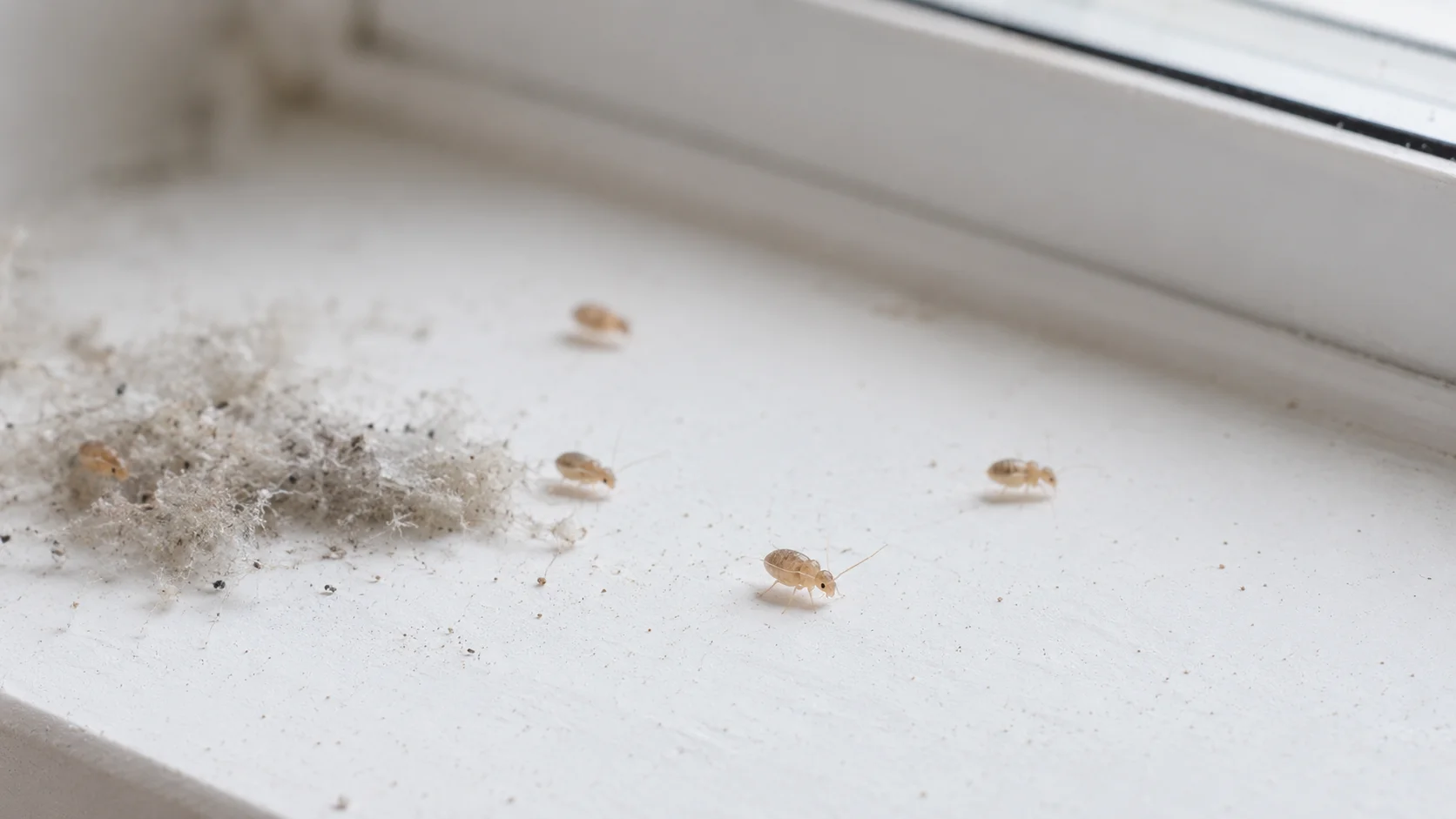 Mehrere kleine Staubläuse auf weißer Fensterbank
