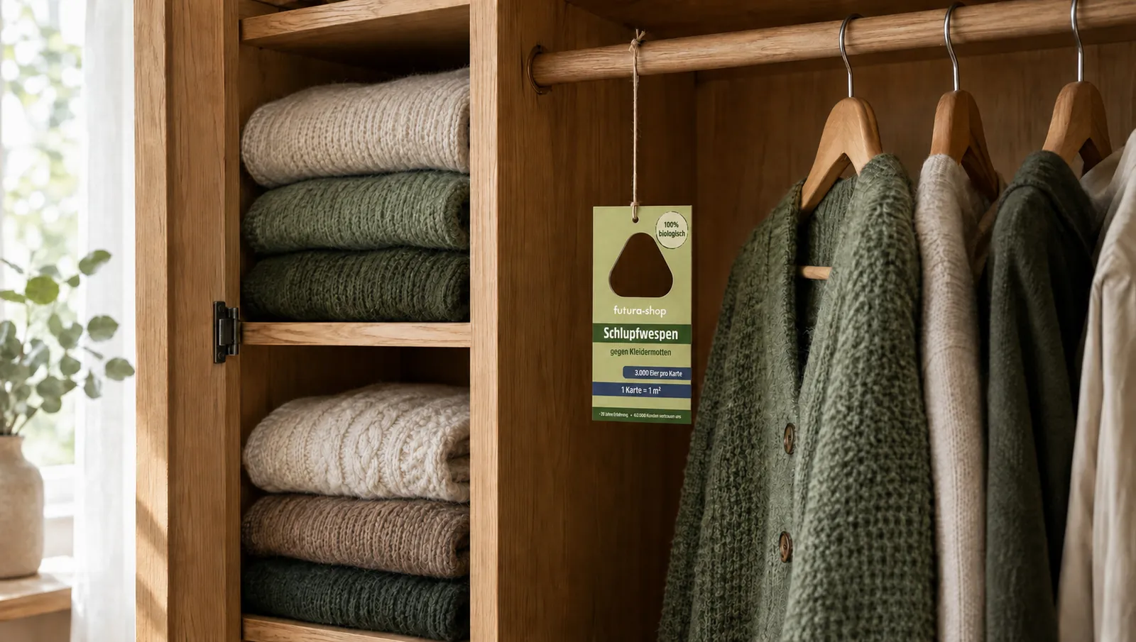 Schlupfwespen-Karte gegen Kleidermotten hängt im Kleiderschrank zwischen Wollpullovern