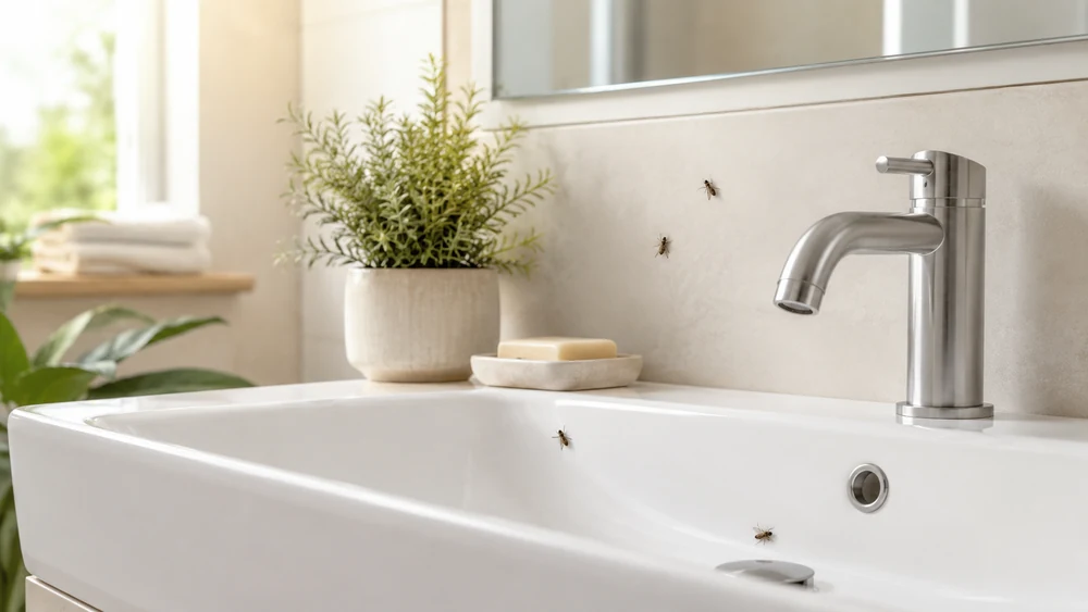 Abflussfliegen Befall im Badezimmer am Waschbecken