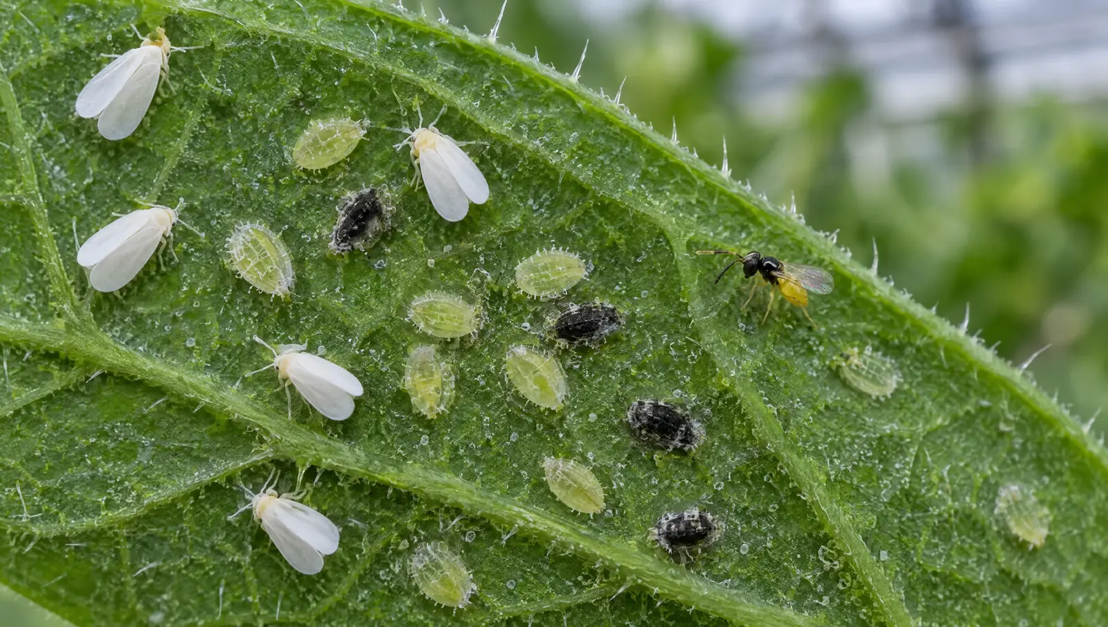 Schlupfwespe Encarsia formosa zwischen Weißen Fliegen und parasitierten, schwarz verfärbten Larven auf einem Tomatenblatt