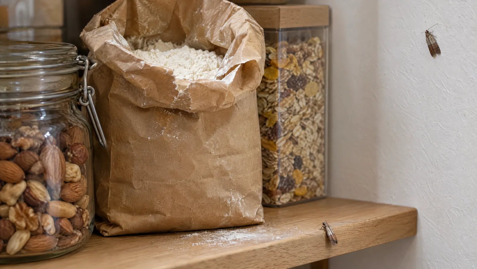 Kleine Motten in der Küche: Lebensmittelmotte sitzt im Vorratsschrank neben Mehl, Nüssen und Müsli