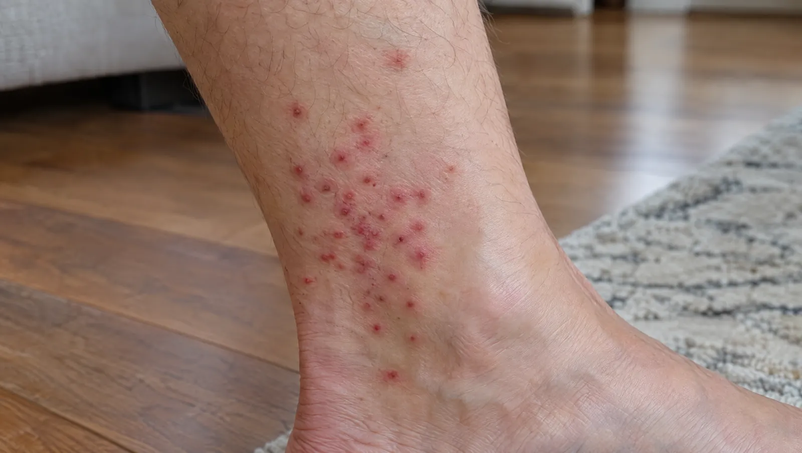 Flohbisse am Knöchel: kleine rote Punkte mit dunklerem Zentrum in einer dichten Gruppe