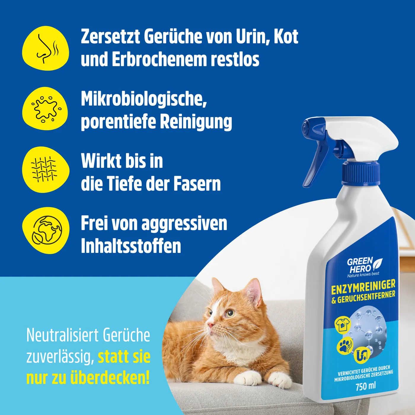 GreenHero Enzymreiniger gegen Katzenurin & Geruchsentferner, 750ml