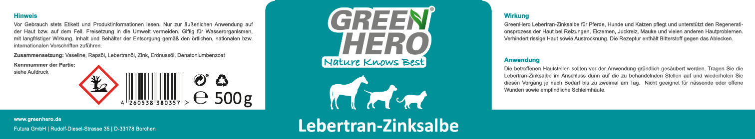 Green-Hero_Lebertran-Zinksalbe_Etikett Lebertran-Zinksalbe pflegt die Haut bei Reizungen