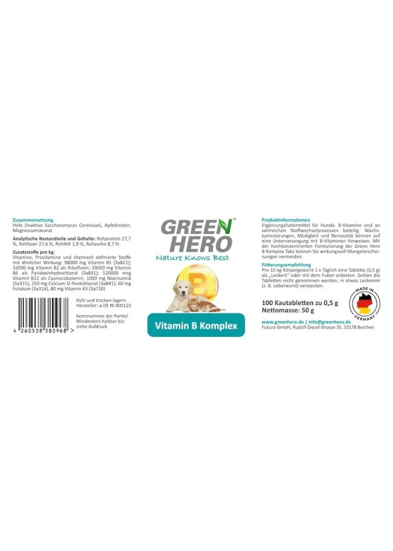 greenhero_vitamin_b_komplex_etikett Vitamin B Komplex für Hunde und Katzen Hochdosiert Mineralstoffe 100 Stück