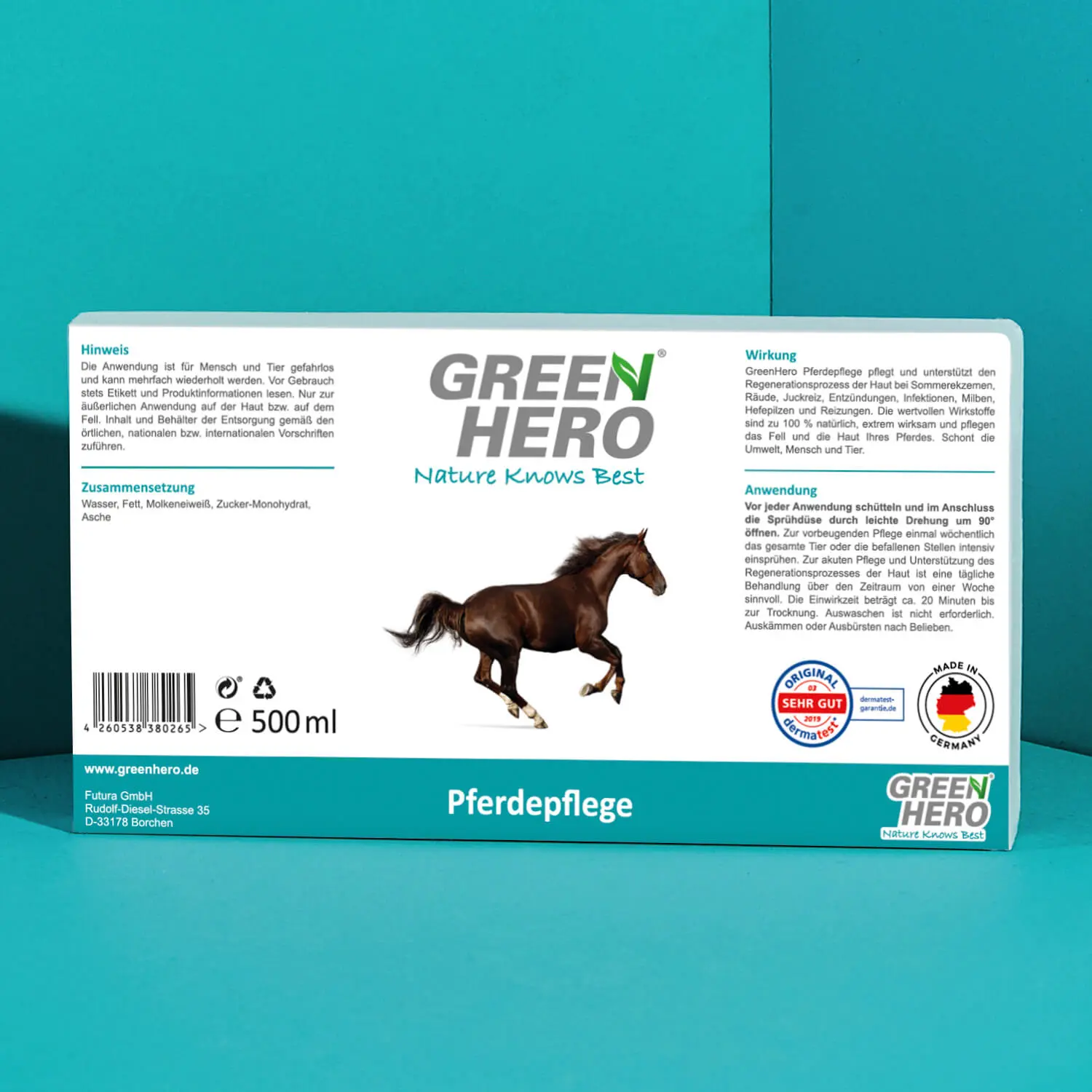 06_Green-Hero_Pferdepflege_Etikett Pferdepflege pflegt die Haut bei Juckreiz, Milben und Ekzemen