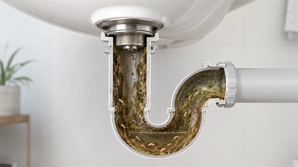 Biofilm und organische Ablagerungen im Siphon als Ursache für Abflussfliegen
