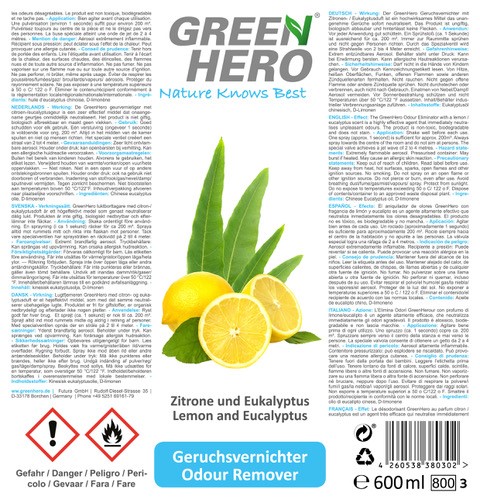 GreenHero® Geruchsvernichter Zitrone - Eukalyptus | 600 ml | Gerüche entfernen nicht nur überdecken