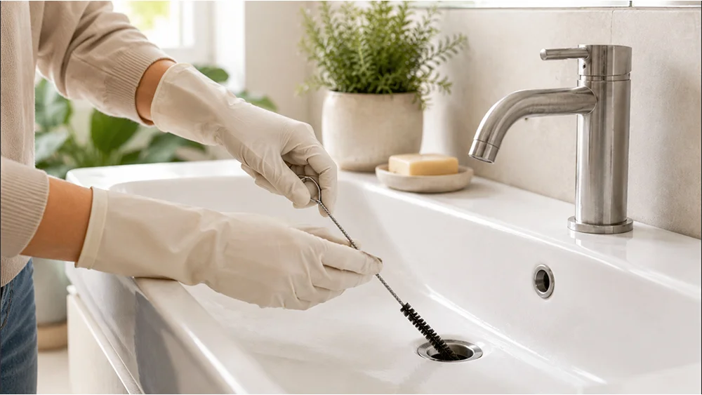 Abfluss im Badezimmer mit Bürste und Handschuhen reinigen