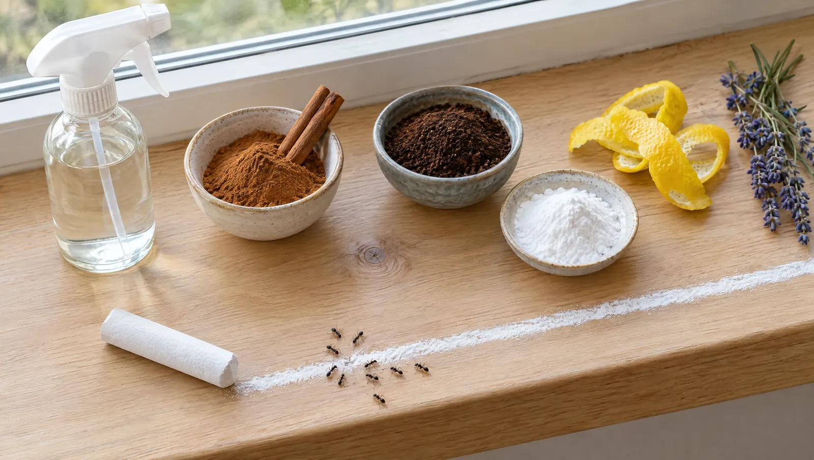 Hausmittel gegen Ameisen: Essig, Zimt, Kaffeesatz, Kreidelinie und Natron auf der Fensterbank