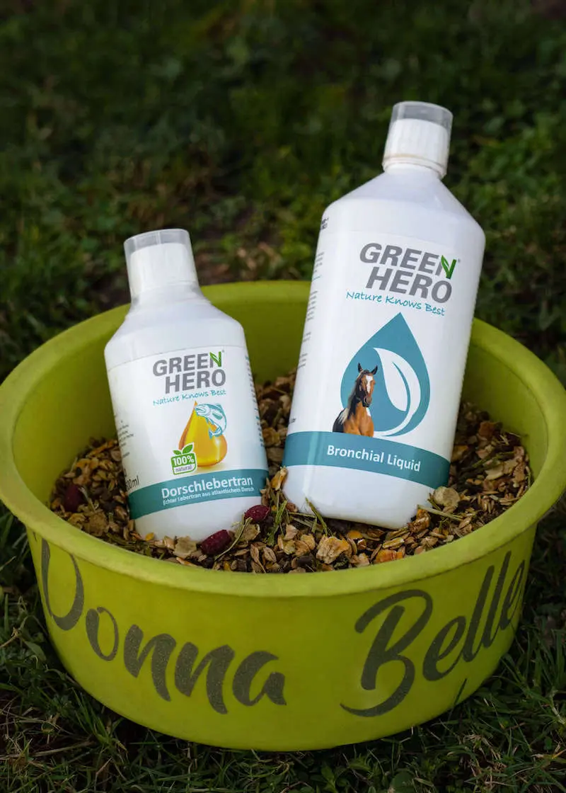 greenhero_dorschlebertran_bronchialliquid_anwendung Bronchial Liquid für Pferde mit Kräutern