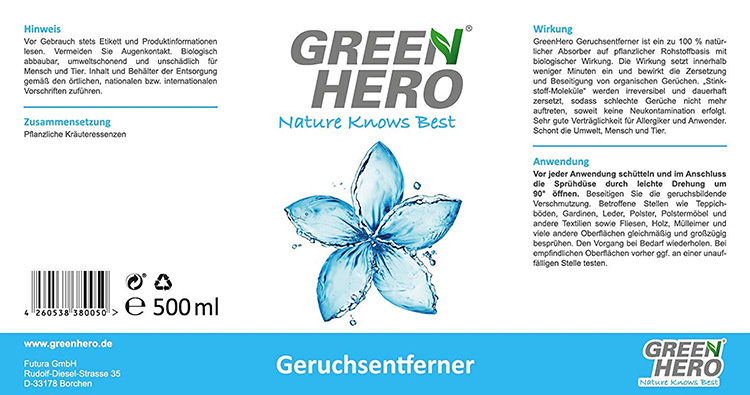 Green-Hero_Geruchsentferner-Etikett GreenHero Geruchsentferner Spray für Textilien, Schuhe etc. gegen Gerüche, neutralisiert Gerüche