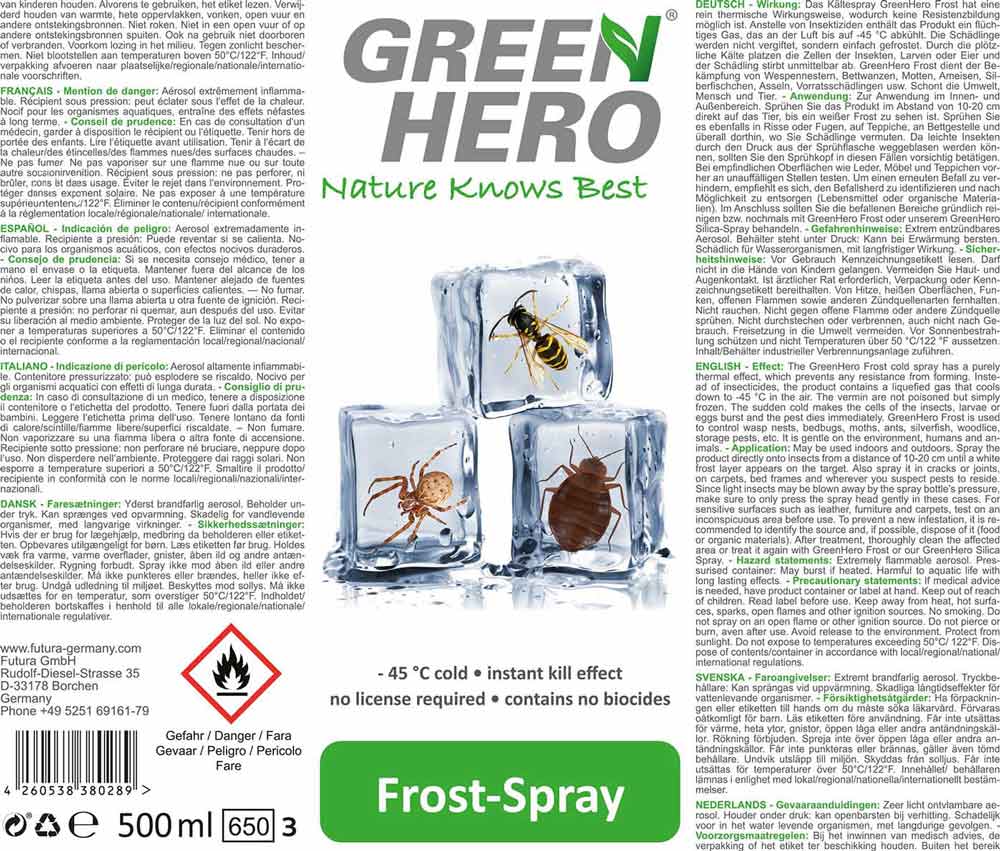 GreenHero_Frost-Spray_etikett Frost-Spray | Insektenspray ohne Insektizide | zur Bekämpfung von Insekten und Nestern