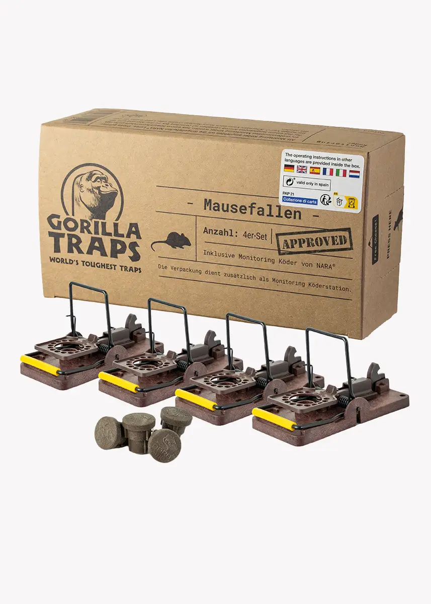 Mausefalle inkl. Monitoring-Köder | Gorilla Traps | 4er Set | Mäuse fangen | Mäuse im Haus
