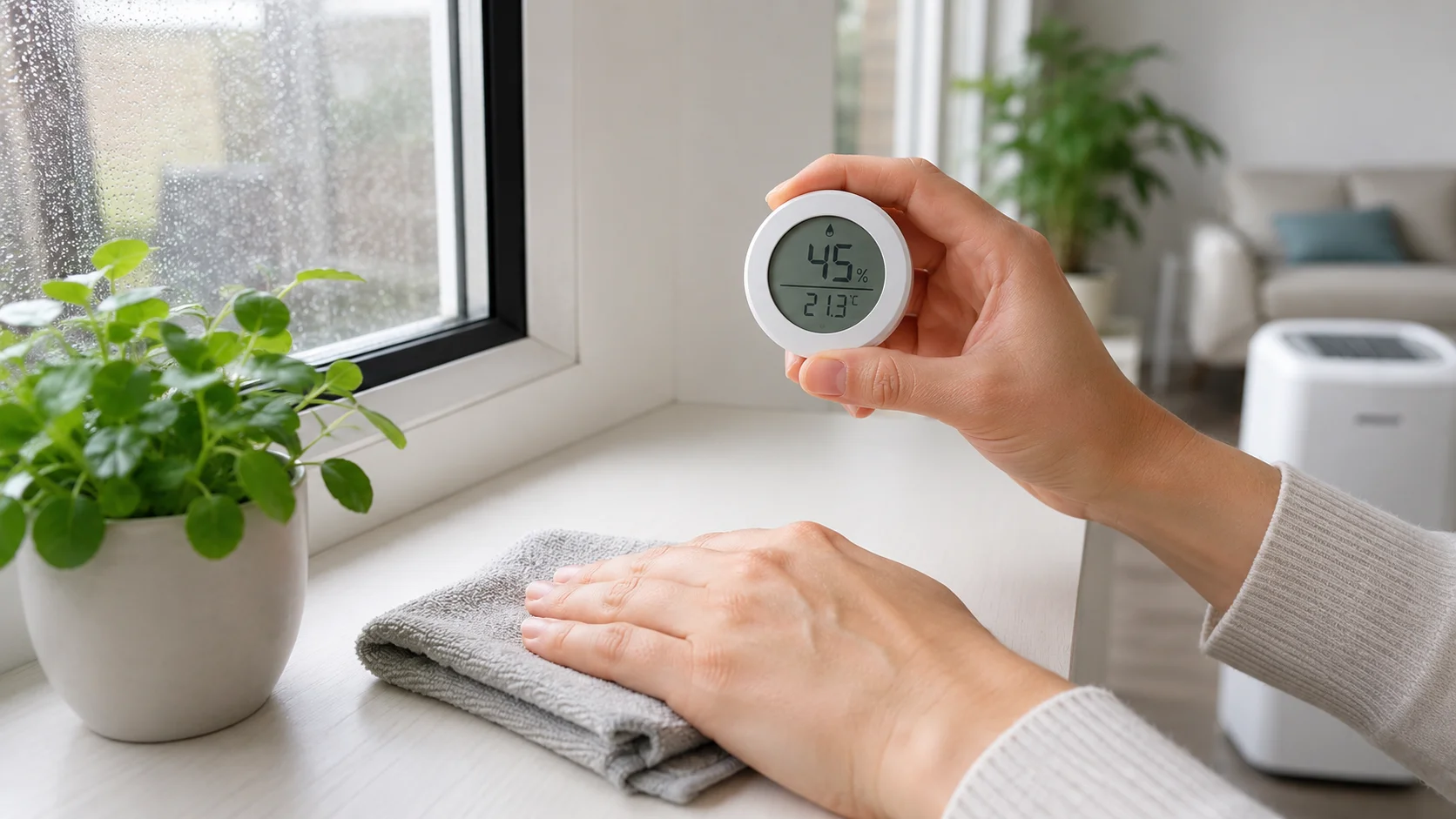 Luftfeuchtigkeit mit Hygrometer messen und Fläche reinigen
